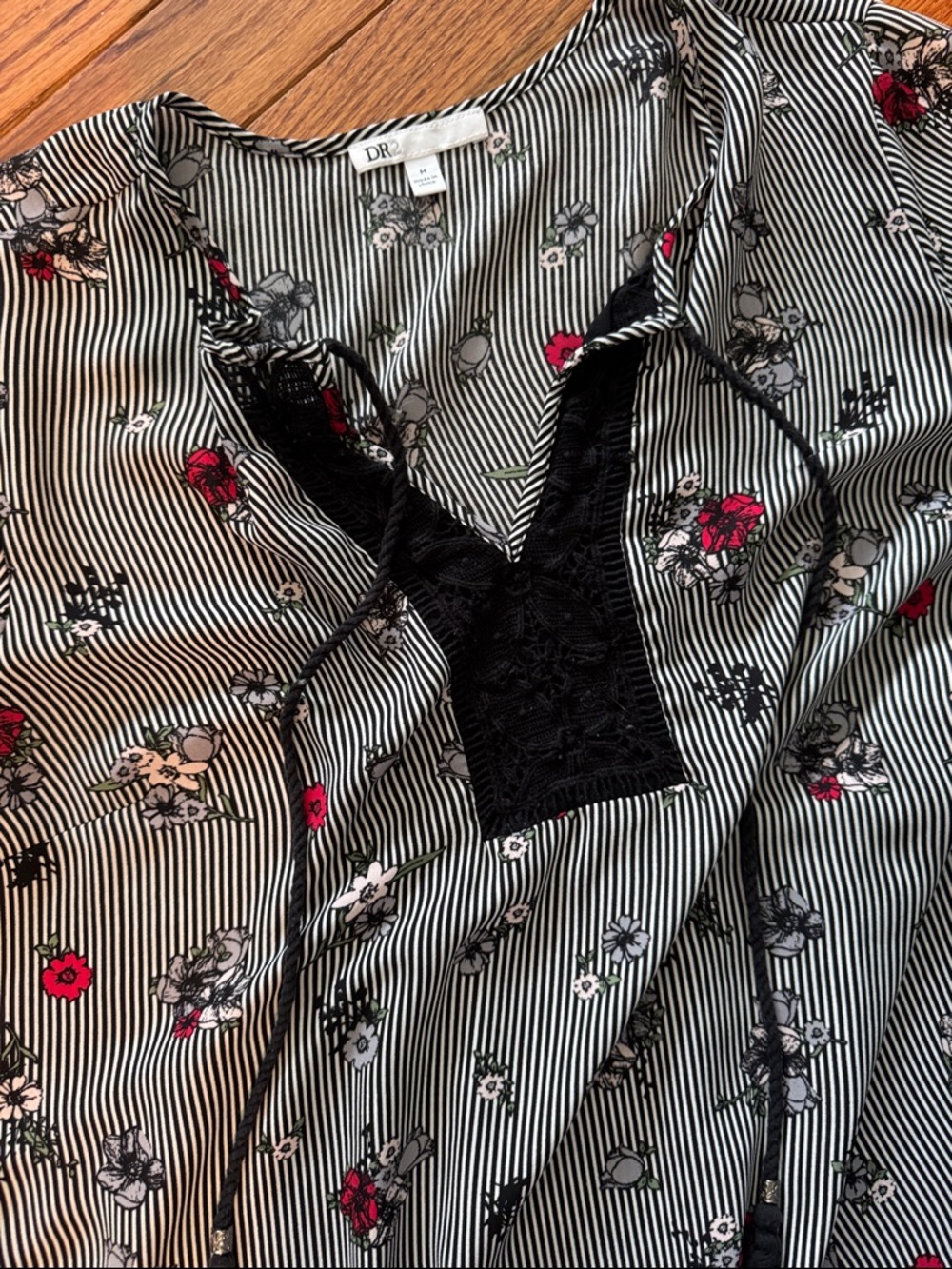 DR2 Black and White Striped Floral Blouse with Lace Trim